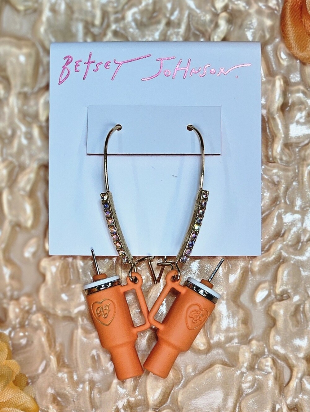 Betsey Johnson Orange Tumblers Fall Water Cup Earrings Rhinestones Autumn Gift